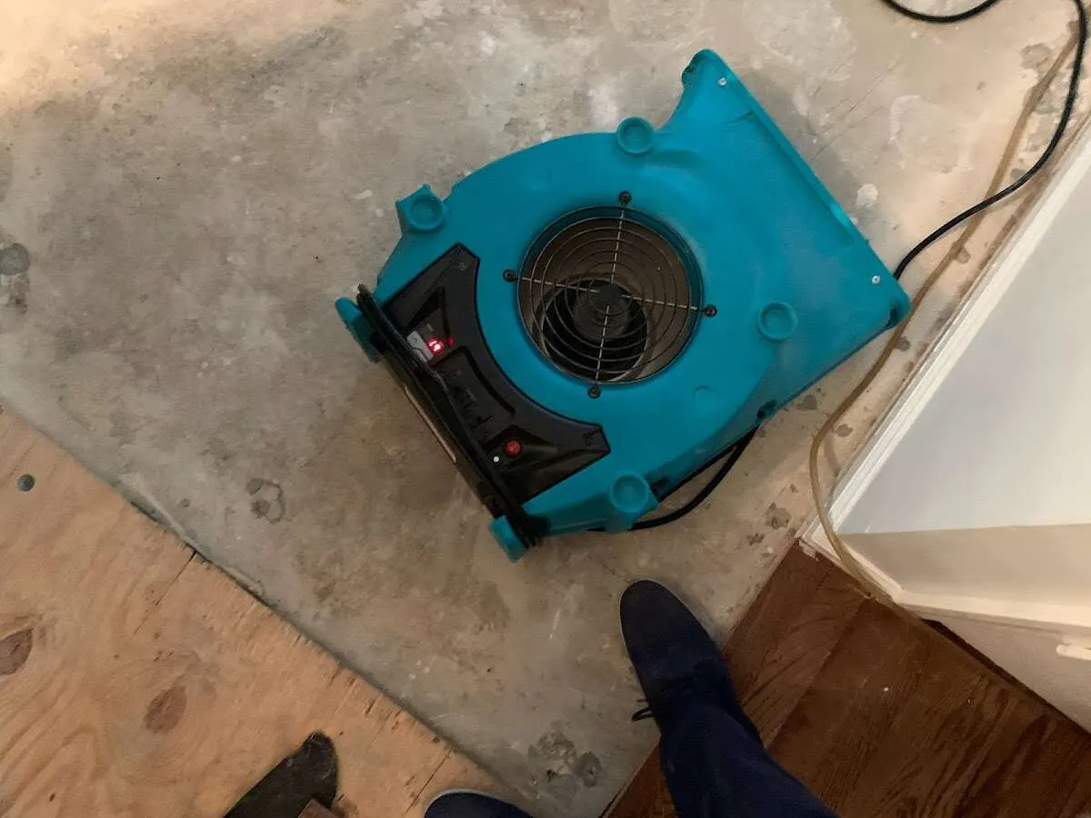 Air mover drying subfloor during Leak Detection & Repair in Little Ferry